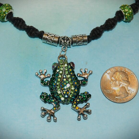 Adorable Green & Blue Rhinestone Frog on a Handmade Black Hemp Chain - Picture 4 of 6